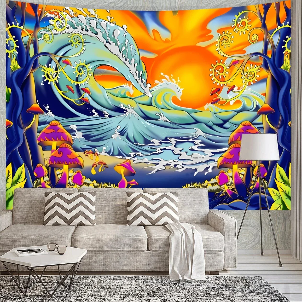 Tapisserie Japonaise Réactive aux UV, Grandes Vagues, Mont Fuji, pour Décoration de Chambre, Couverture de Rideau Esthétique, Décor Mural de Maison