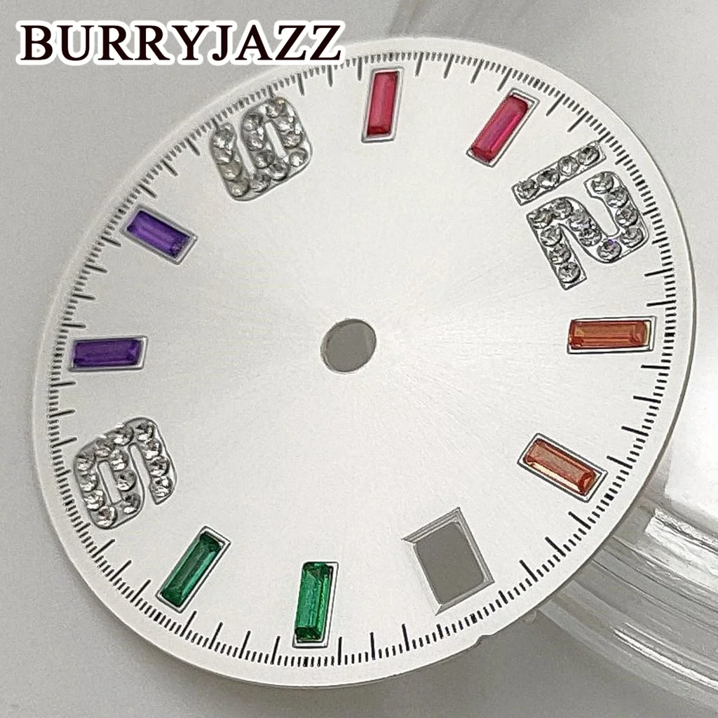 BURRYJAZZ 28.5 ملم بدون شعار NH35 قرص الساعة فضي أسود أزرق أخضر قرص مناسب 3 الساعة 3.8 ساعة تاج