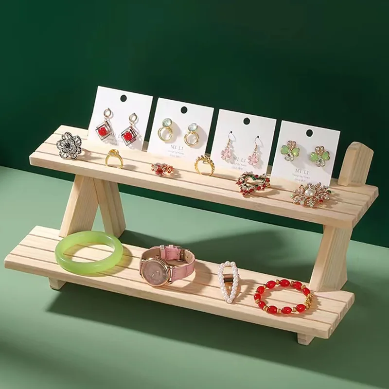 4-Tier Wooden Display Stand Riser Earring Ring Holder Detachable Unfinished Wood Retail Jewelry Card