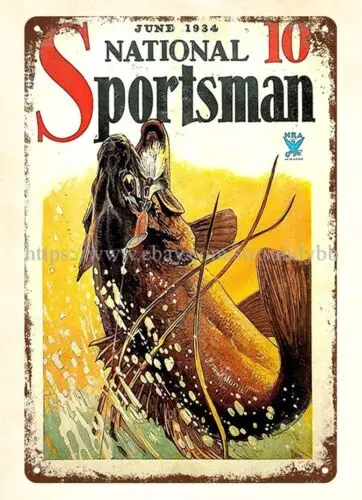 collectible office 1934 National Sportsman cover art fishing metal tin sign