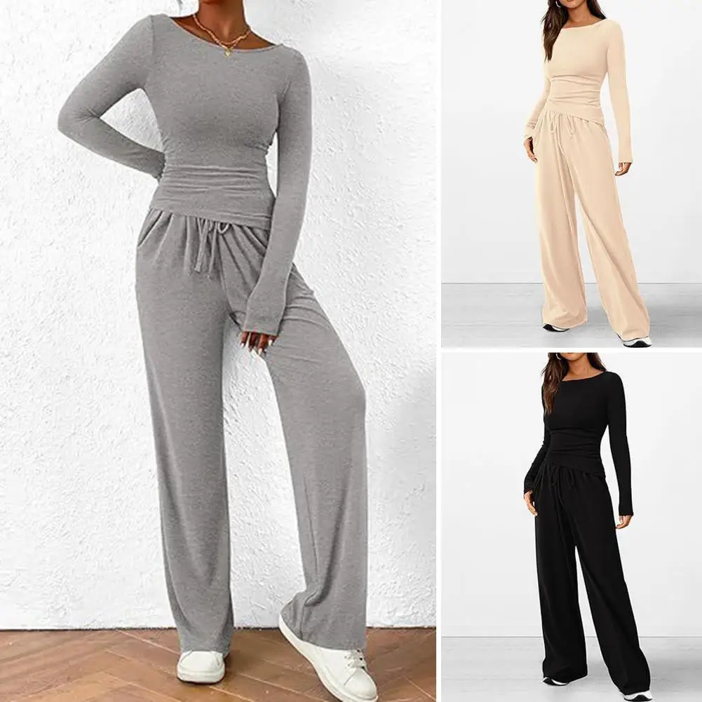 2Pcs Women Solid Color Suit with Irregular Blouse Wide Leg Trousers Suit Stylish Comfy Women\'s Top Pants Set for Fall for Women