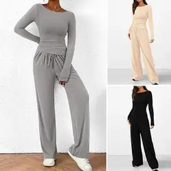 2Pcs Women Solid Color Suit with Irregular Blouse Wide Leg Trousers Suit Stylish Comfy Women's Top Pants Set for Fall for Women