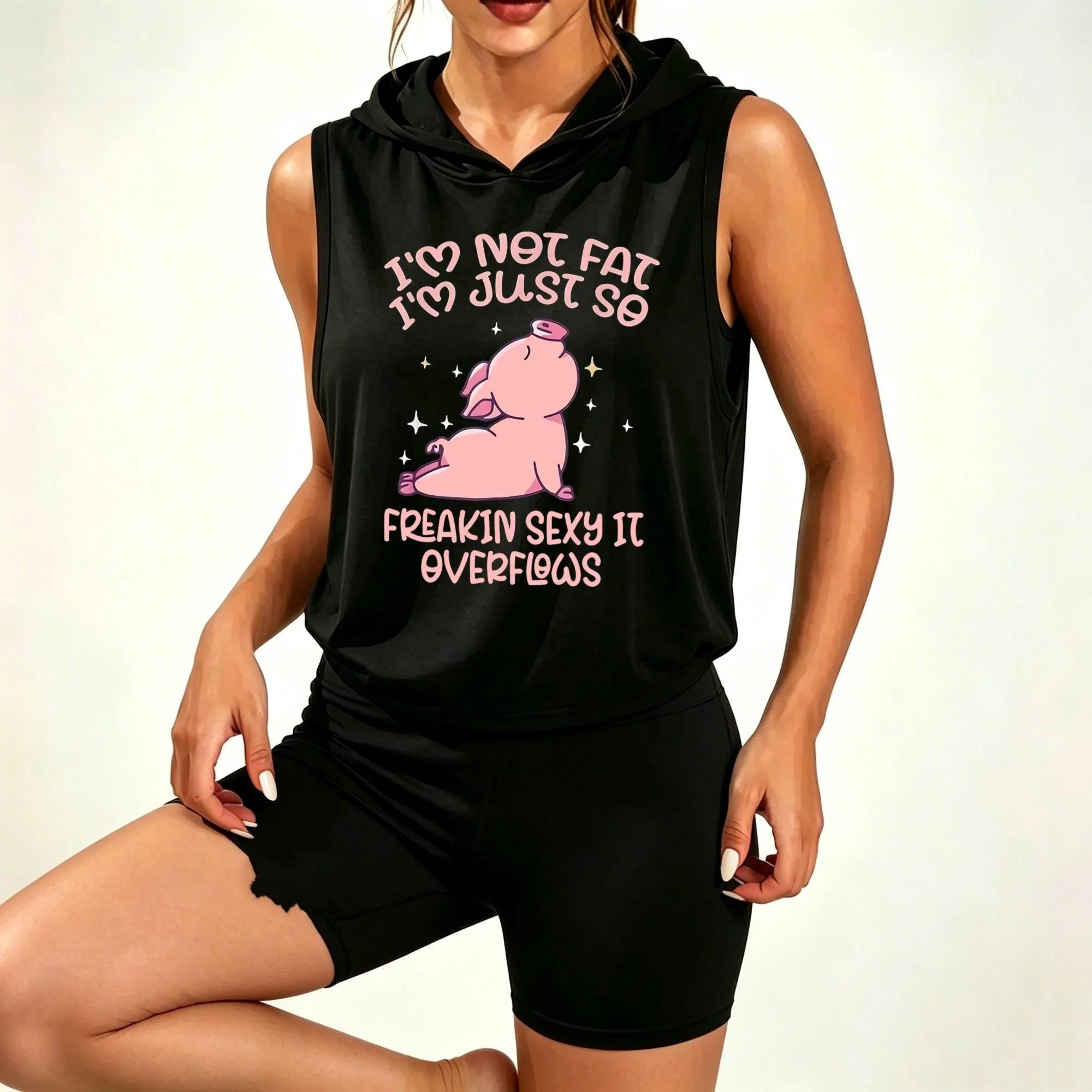 Women Cute Cartoon Pig Slogan Print Sleeveless Hooded Tank Top & High‑Waist Biker Shorts 2‑Piece Set,soft casual activewear for summer workout outings