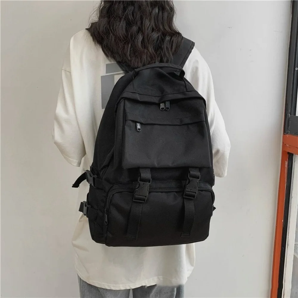 

Simple Large Capacity Students Backpack Harajuku Multi Pocket Canvas School Bag Solid Color Nylon Shoulders Bag Girls Boys