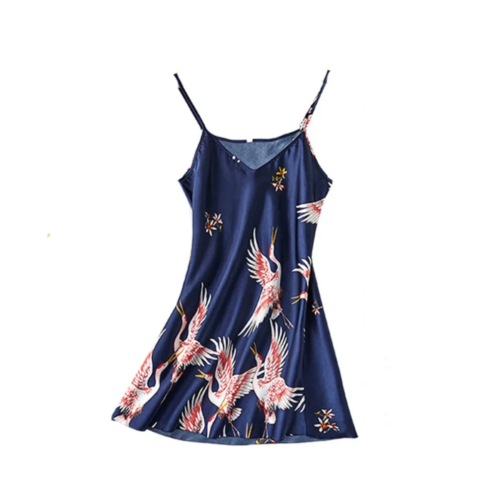 

Red-crowned Crane Women's Pajama Dress Chinese Style Sleeveless Ice Silk Suspender Nightdress Party Dress Homewear