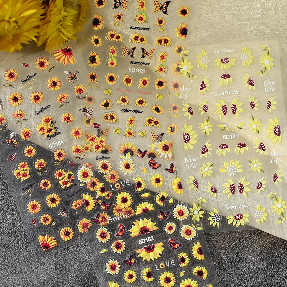 5D Sunflower Nail Stickers Blossom Flowers Oil Painting Nail Art Adhesive Sliders Decals Foils Sliders Decorations for Manicure