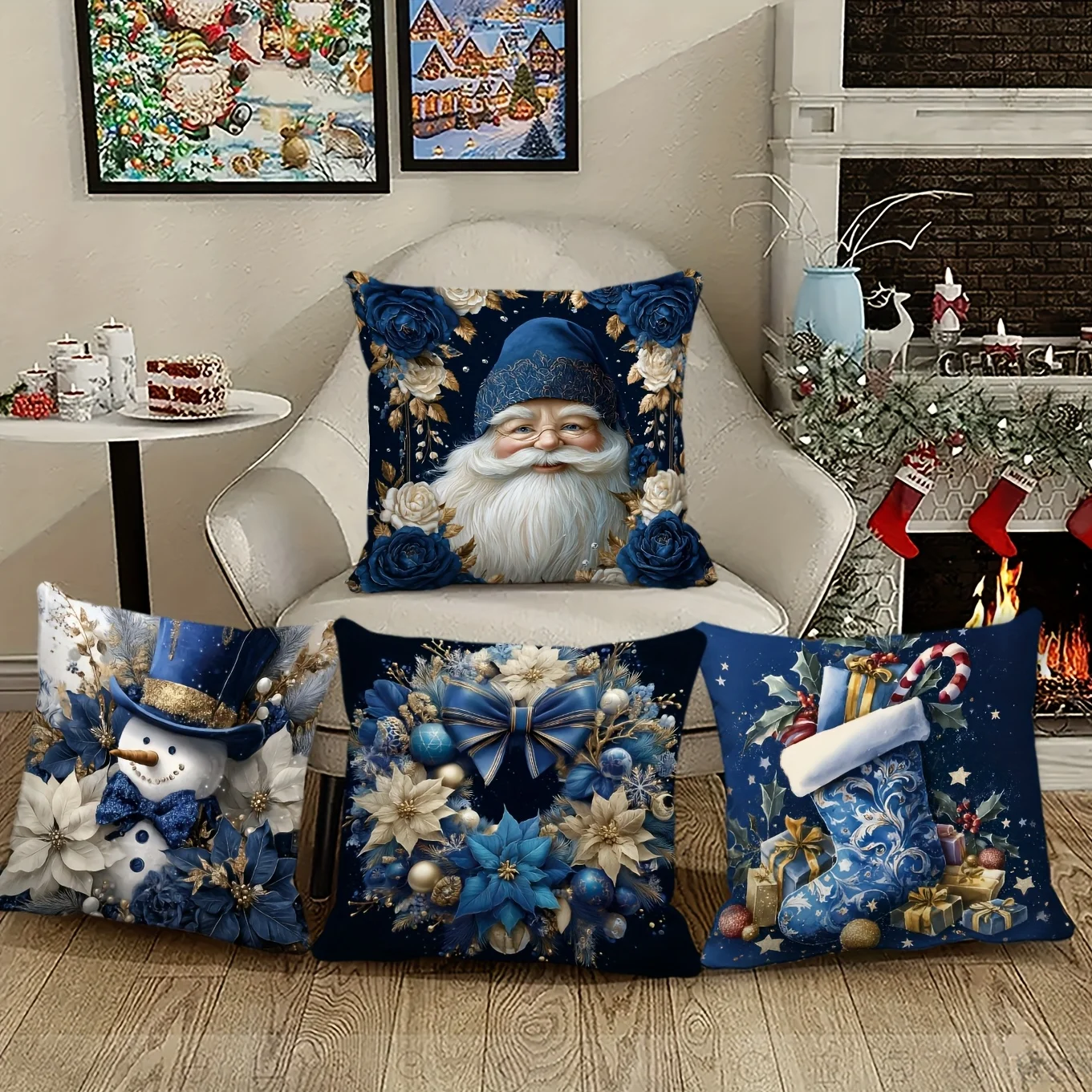 

4 шт. синие рождественские наволочки с цветочным принтом, Санта, Снеговик, Дизайн венка, Универсальный декор для офиса, дома, гостиной, автомобиля и дивана