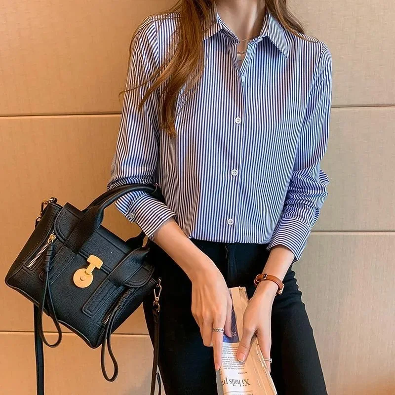 Women Spring Summer Blouses Shirts Lady Fashion Casual Long Sleeve Turn-down Blue Stripes Blusas Tops