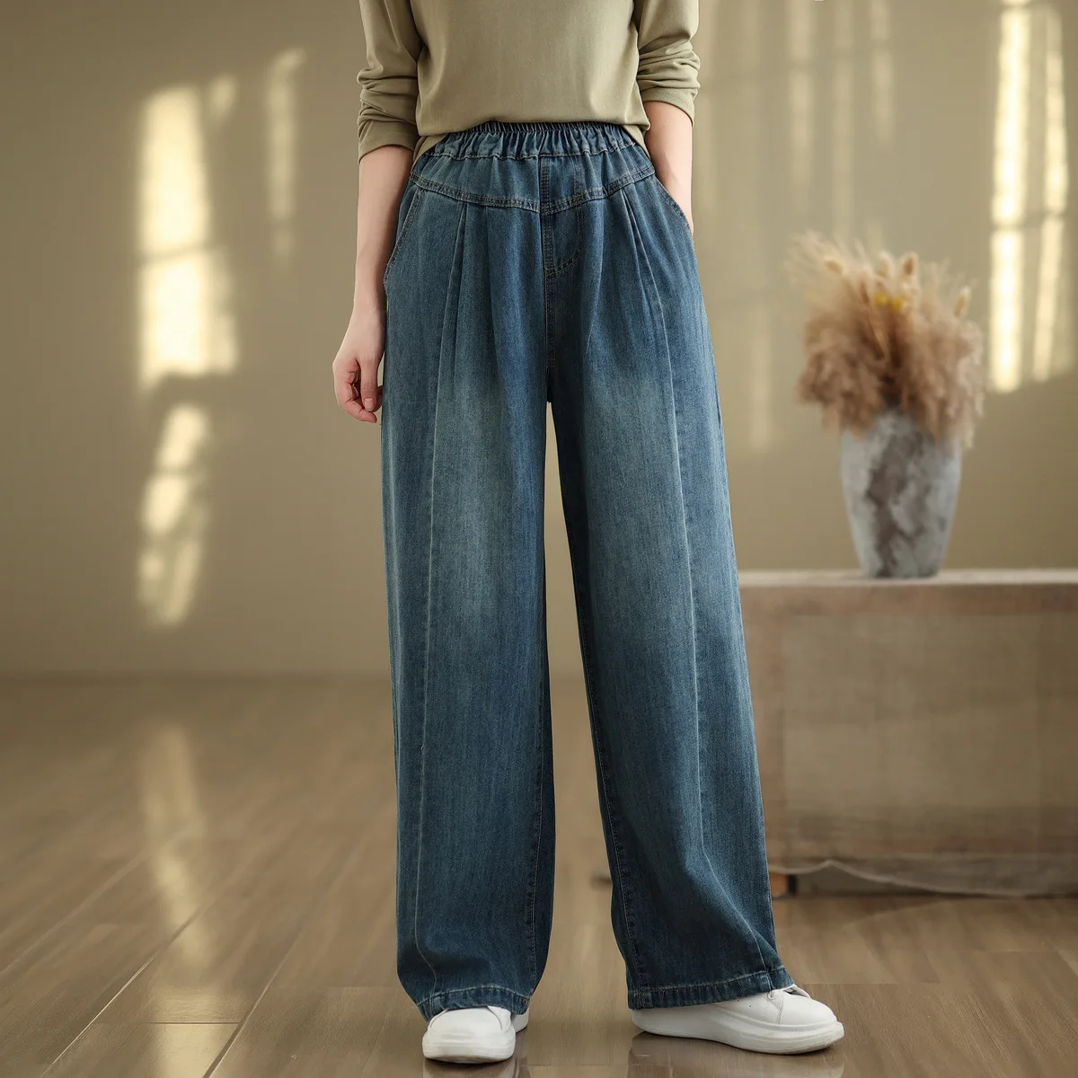 Aricaca Women Casual Spliced Wide Leg Blue Denim Pants High Waisted Straight Leg Denim Pants Trousers