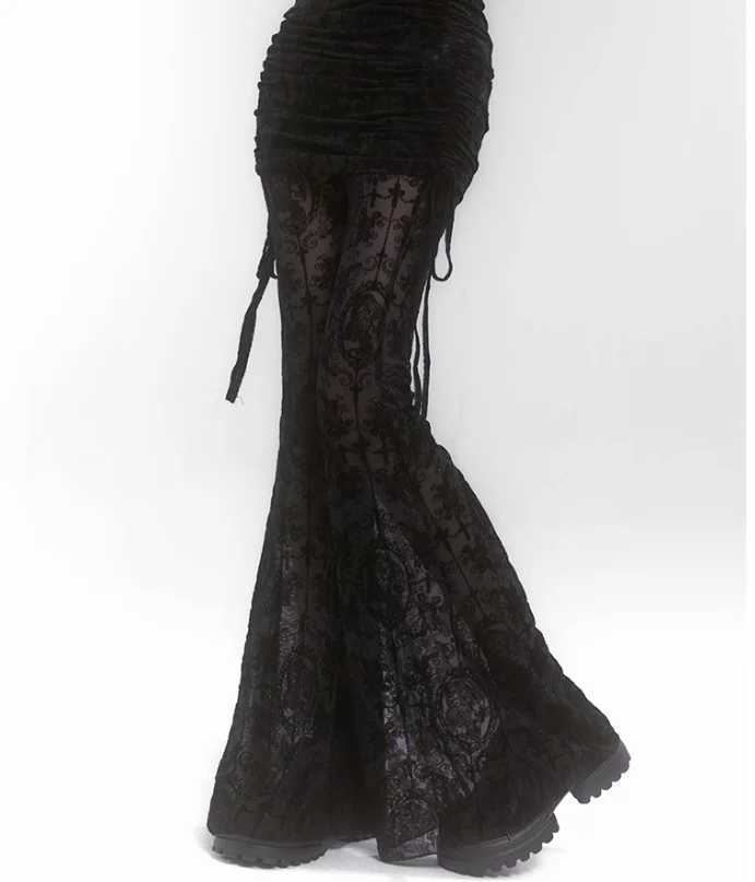 Temperament Subculture Fake Two-piece Black Lace Micro-flared Pants Goth Women High Waist Versatile Fashion Versatile Trousers