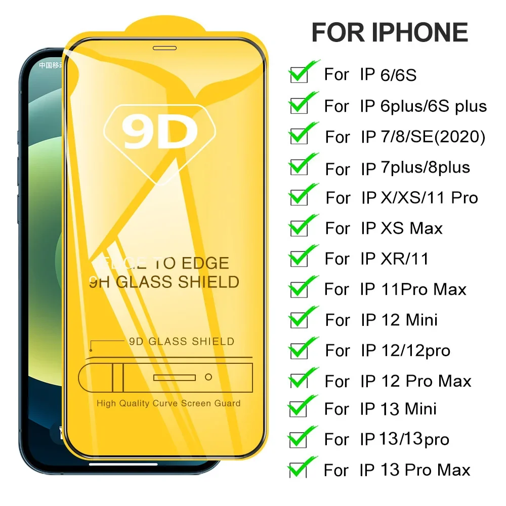 

9D Full Tempered Glass For iPhone 13 12 11 Pro Max 12 Mini SE 6 s 7 8 Plus XR X XS Max Screen Protector Protective Cover Glass
