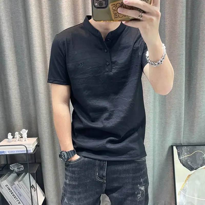 

Men's T-shirt Plain Button Embroidery Grey Cotton Linen Y2k Tops Wholesale Basic Summer Korean Clothing Fashion Male Tees Shirts