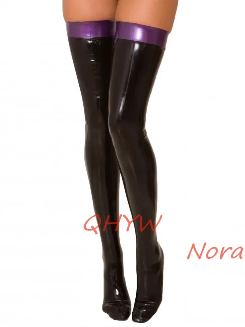 Handmade Latex Stockingg Black with Purple Rubber Long Tight Socks for Women Wear with Dress Cosplay Costumes