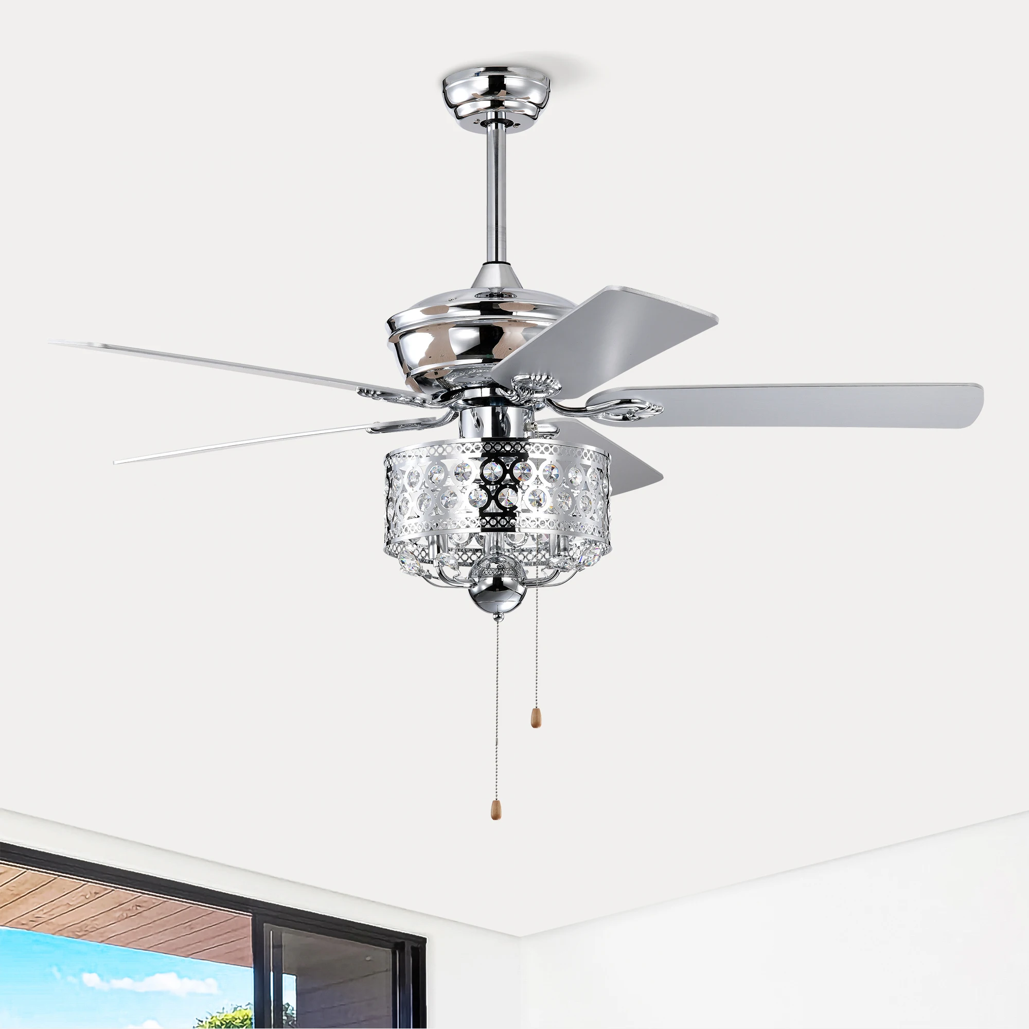 52-inch Indoor Ceiling Fan with Pull Chain,Reversible AC motors , Pull Chain--Chrome (No Include Bulb)