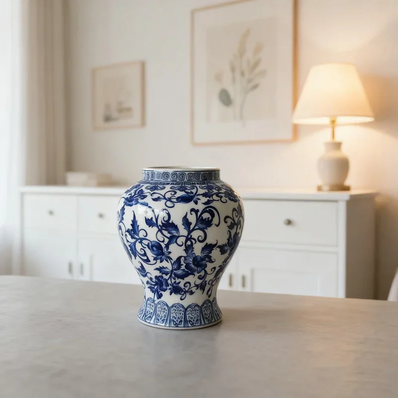 Blue and White Porcelain Flower Vase Traditional Chinese Floral Printed Ceramic Plant Pot Living Room Table Home Decor Items