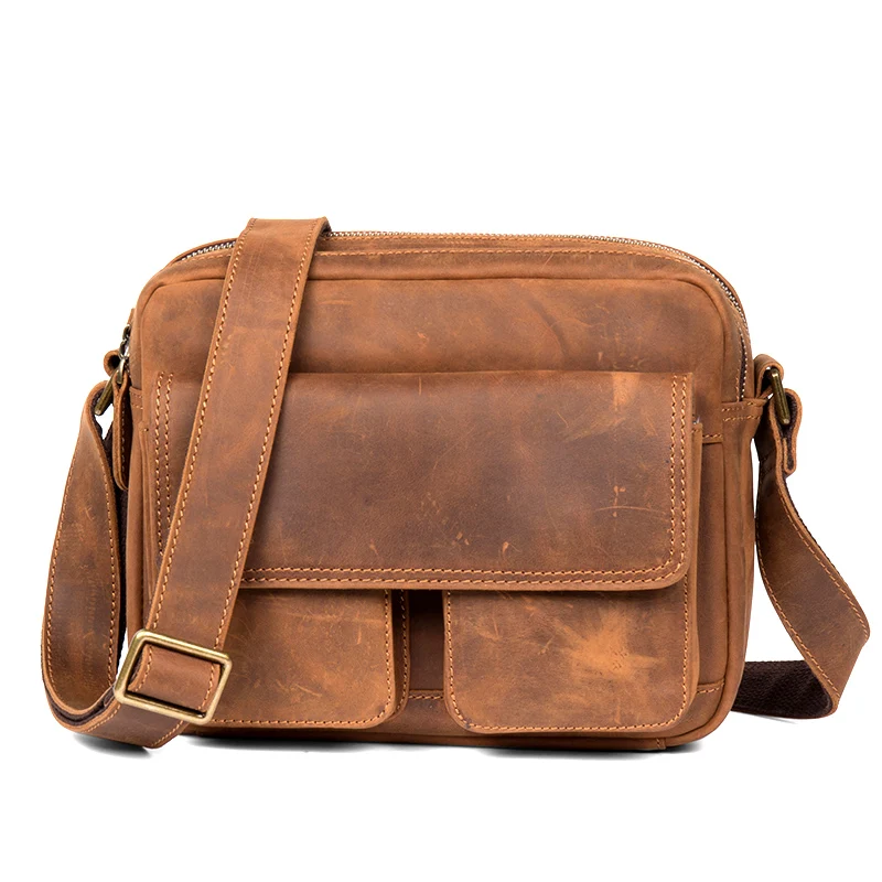 The new little boy bag crazy horse leather messenger bag leather retro casual messenger bag first layer leather shoulder bag