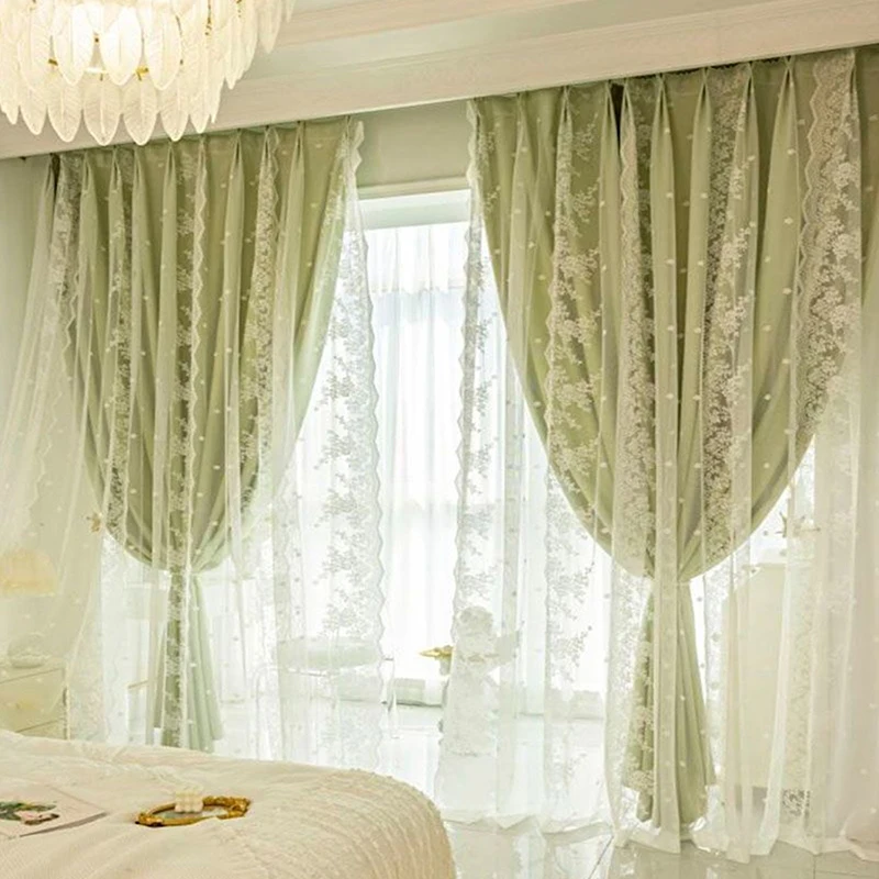 2 Panels Matcha Green Lace Double Layer Eyelet Curtains, French Country Cream Gentle Style, Floral Sheer Privacy Drapes for Bedr