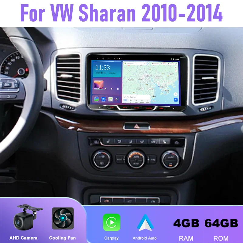 

9" 4+64GB Car Radio For VW Sharan 2010-2014 Android 15 Auto Support Wireless Apple Carplay Google Map Rear Camera GPS 2DIN