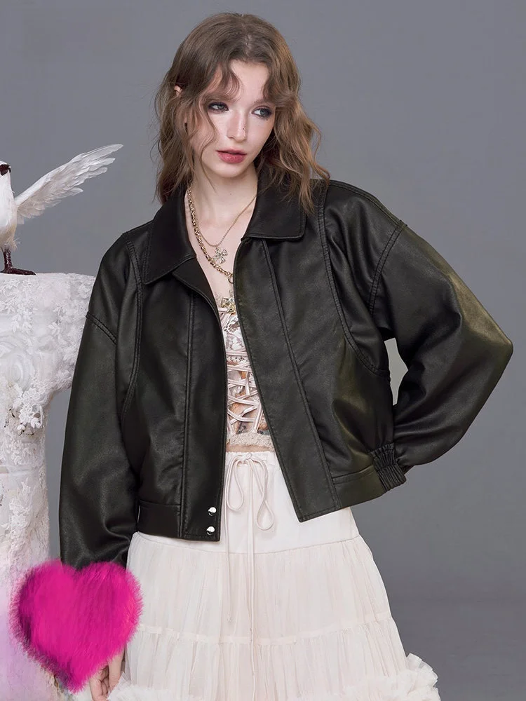 

Куртка Elfsa из искусственной кожи, винтажная, с откидным воротником, в стиле байкерской, осенняя верхняя одежда, молодежная уличная мода, стильная