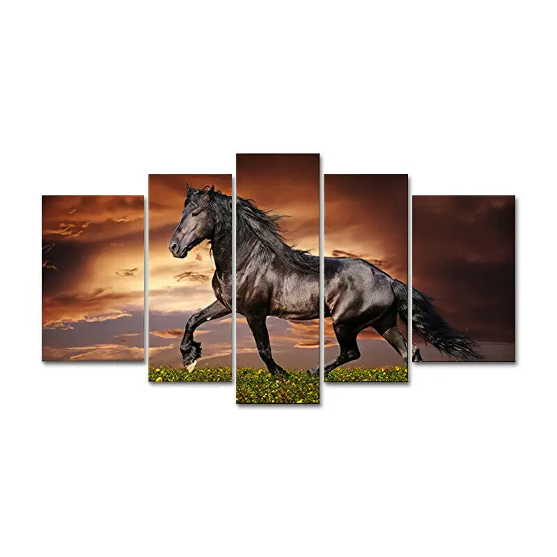 

No Framed Canvas 5Pcs Black Horse Animal Sunset Wall Art Posters Pictures for Living Room Office Bedroom Home Decor Paintings