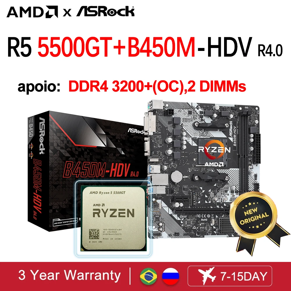 AMD R5 5500GT 키트, 신제품 프로세서, Ryzen 5 5500GT 3.6GHz + ASRock B450M-HDV R4.0 마더보드, B450, AM4 DDR4 