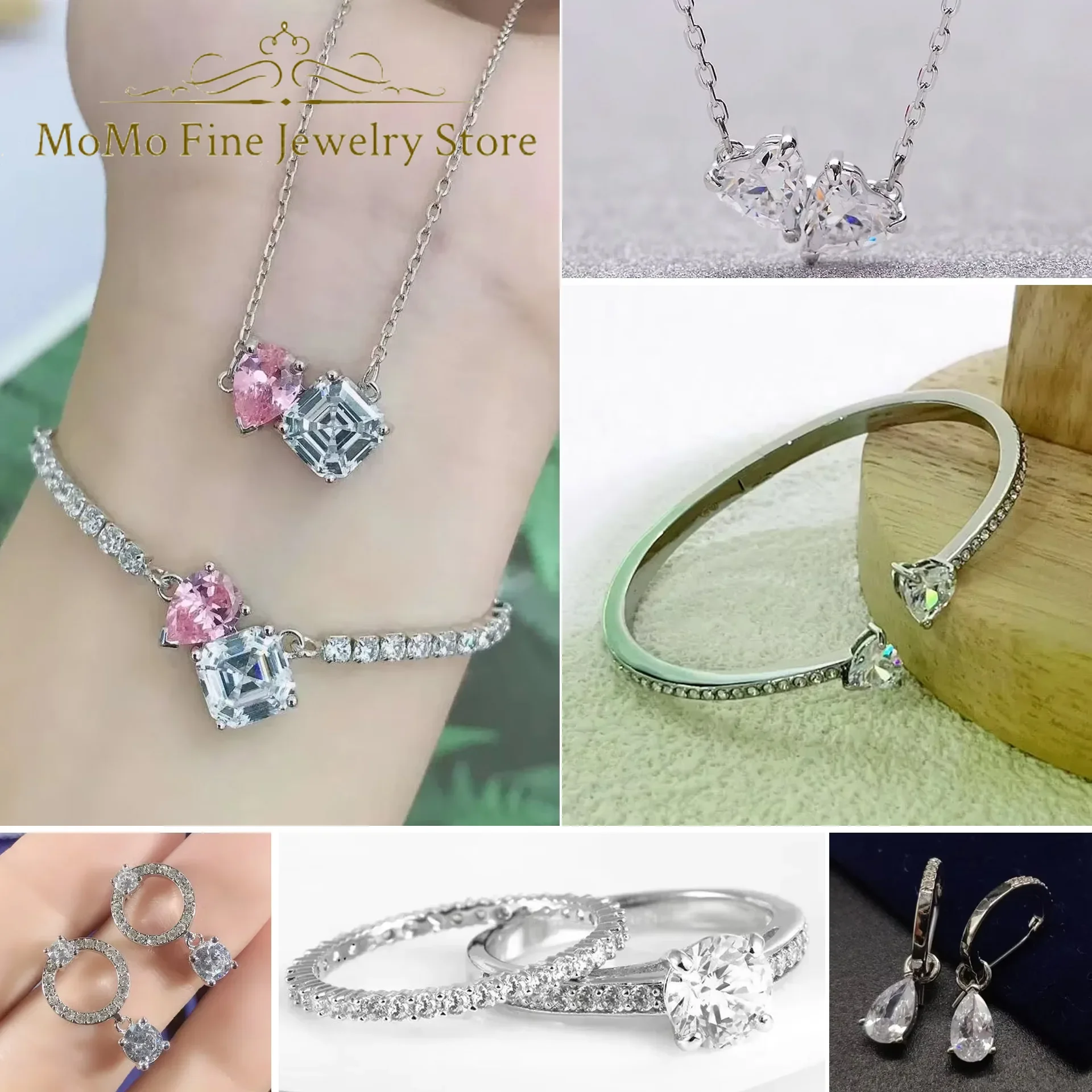 

Original 2025 New Trend Fine Jewelry Sets Luxury White Pink Crystal Series Heart Bracelet Necklace Ring Earrings for Women