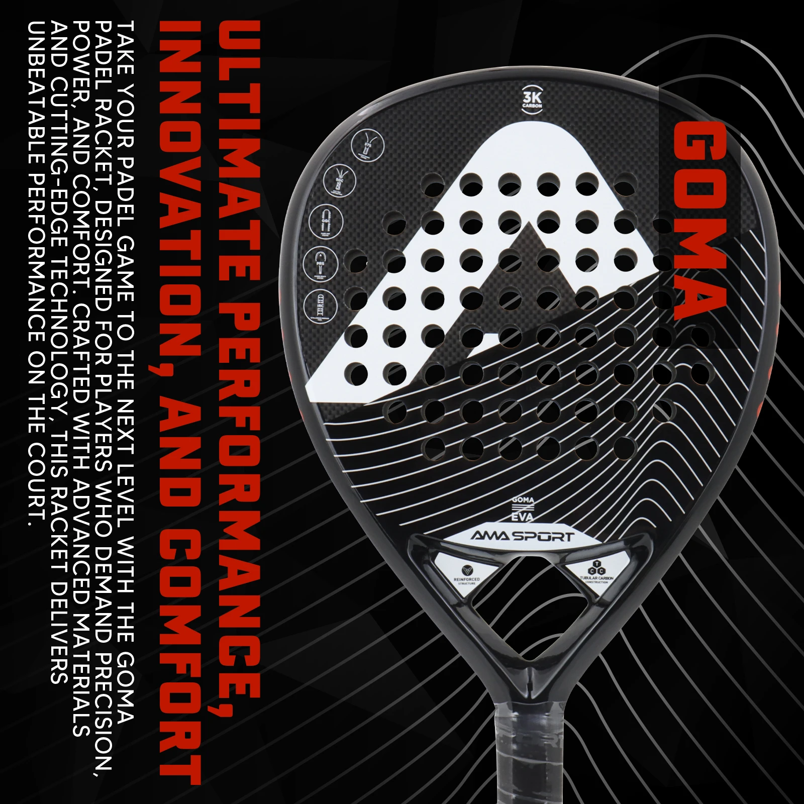 AMASPORT Padel Racket Pop 3K خفيف الوزن من ألياف الكربون للرجال مضرب تنس متوسط التوازن مع لينة إيفا المسيل للدموع قطرة الشكل Padel