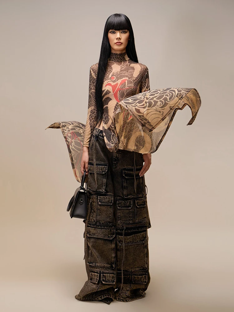 Kliou ความงามพิมพ์ผู้หญิงเสื้อยืด Hipster ฤดูใบไม้ร่วง STAND COLLAR Super-ยาว Slim Tops Mujer ตาข่ายบางที่น่าสนใจ streetwear