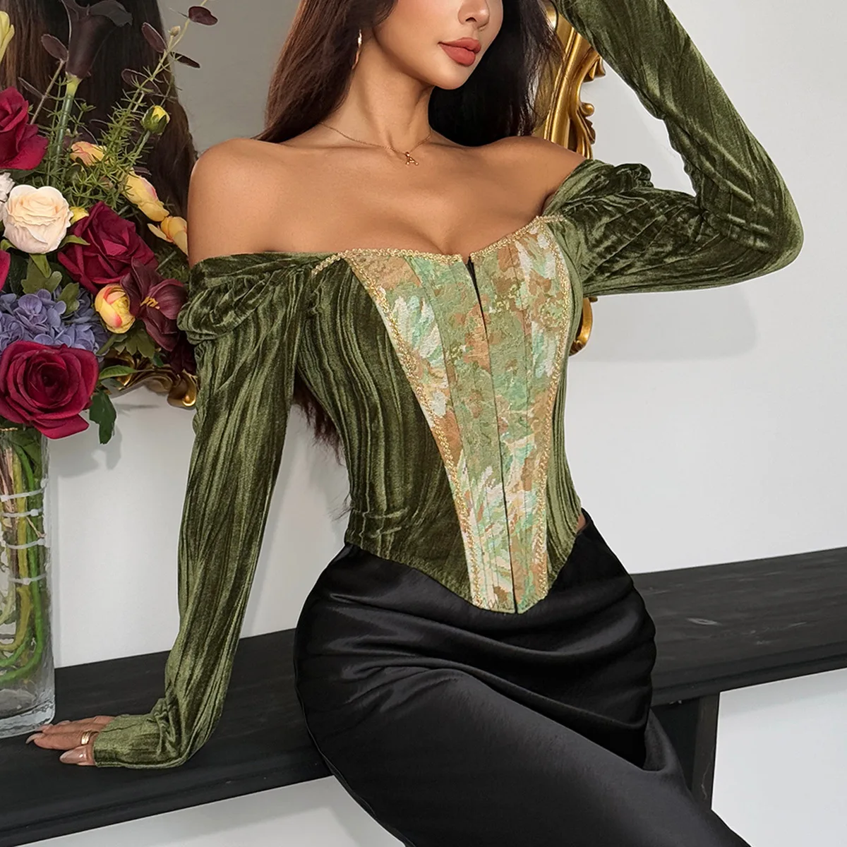 

French Monet Oil Painting Corset Retro Slim Fishbone Vest Sexy Women Long Sleeve Tank Tops Autumn T-shirt Party Bustier Camisole