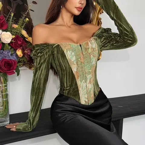 French Monet Oil Painting Corset Retro Slim Fishbone Vest Sexy Women Long Sleeve Tank Tops Autumn T-shirt Party Bustier Camisole
