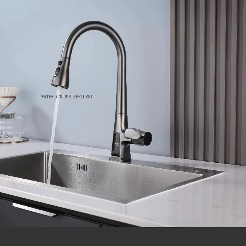 Gun Gray Induction Digital Display Pull Type Kitchen Faucet Induction Switch Hot And Cold Multifunctional Washing Basin Sink Fau