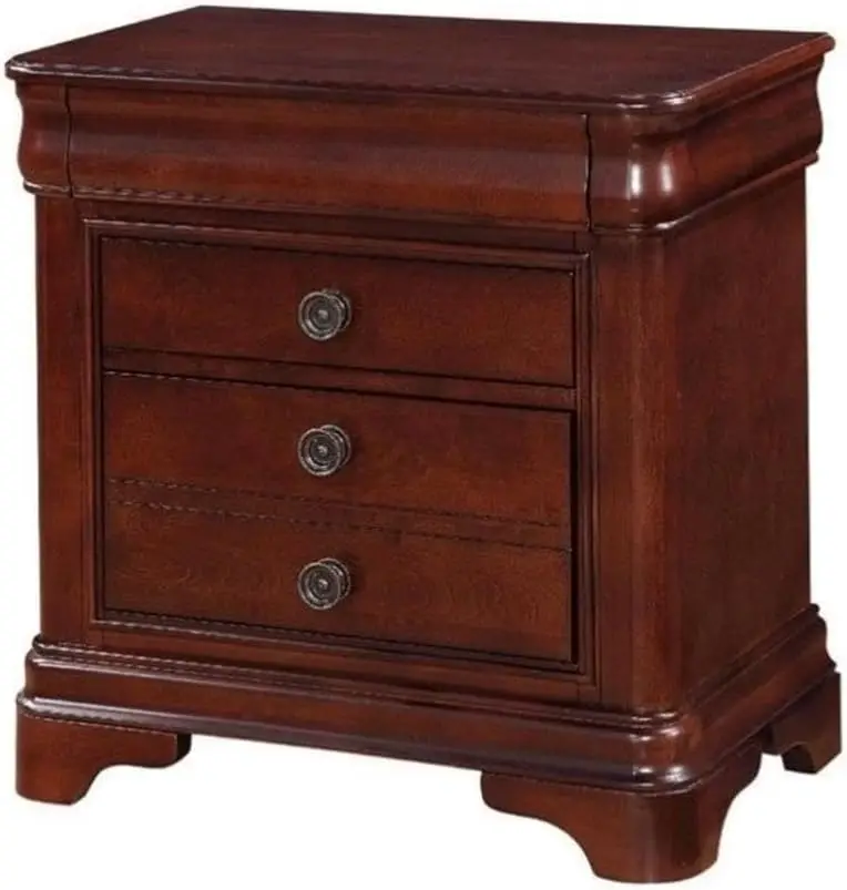 Traditional 3 Drawer Nightstand Bedside Table Solid Wood Hidden Jewelry Drawer In Dark Cherry And Antique Brass