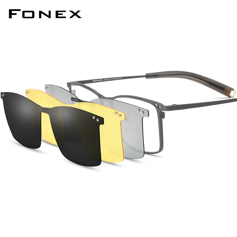 FONEX Titanium Glasses Frame Men Square Magnet Clip Eyeglasses with Night Vision & Polarized & 3D Lens F85760