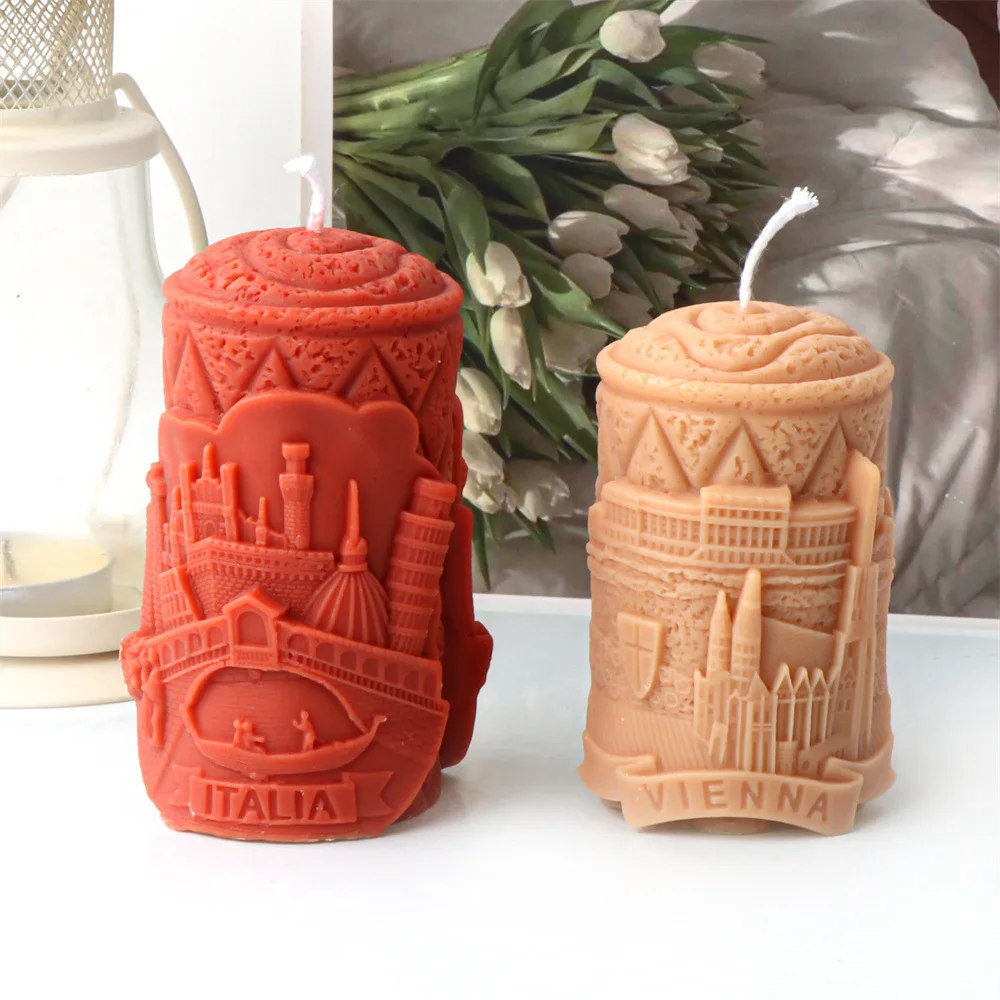 Embossed City Building Cylindrical Silicone Candle Mold Ferris Wheel Sailing Aromatherapy Plaster Building Model Resin Mold