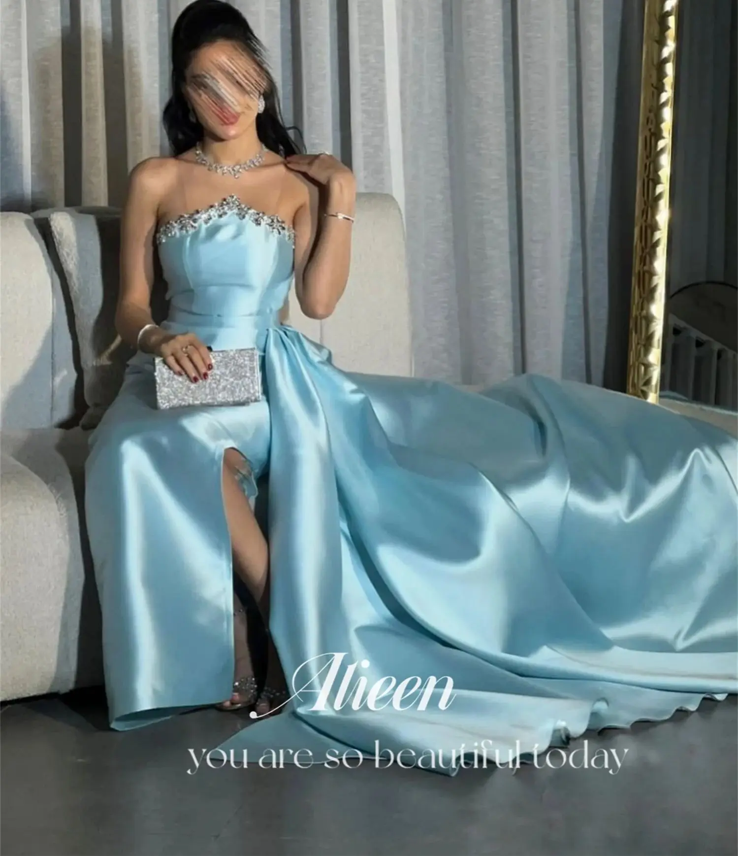 Aileen Sky Blue Tailing Satin Stone Customized Dresses High Quality Luxury Dress Women Elegant Party Robe Soiree De Luxe 2024