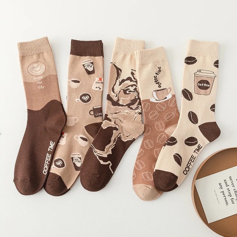 Spring Autumn Cute Women Crew Socks Kawaii Cartoon Coffee Cup Coffee Bean Print Letter Harajuku Casual Female Mid Tube Socks Sox