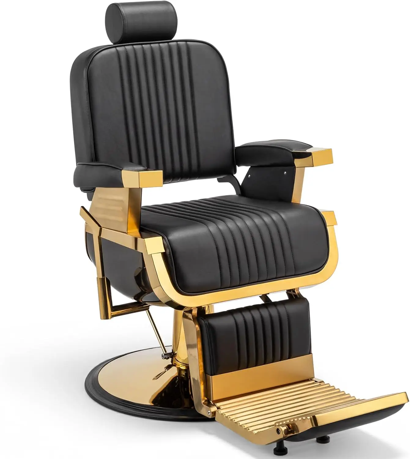 Black Gold Hydraulic Reclining Barber Chair with Footrest & Headrest, 360° Swivel Salon Styling Chair