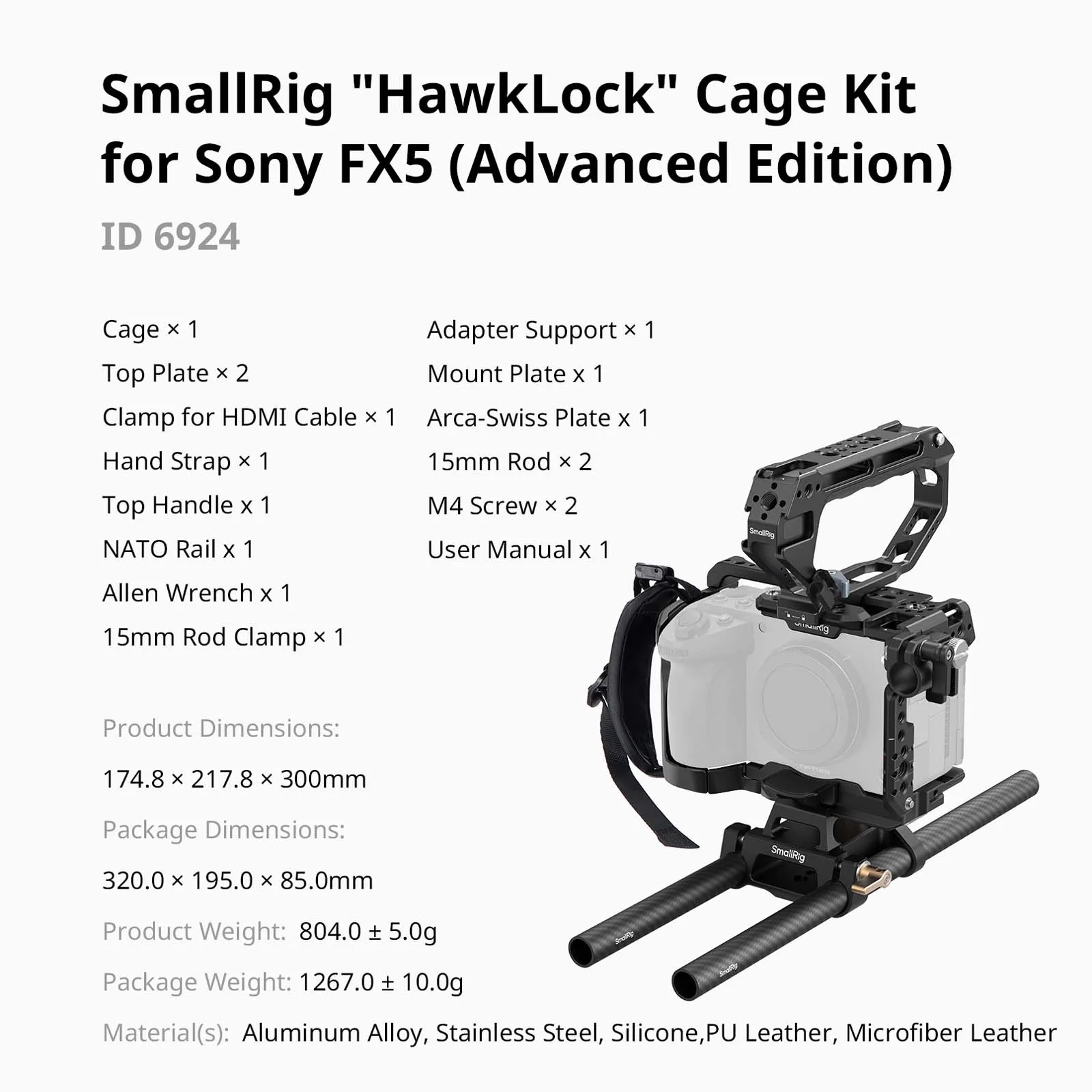 SmallRig FX5 "HawkLock" Cage voor Sony FX5 met klem voor HDMI-kabel, bovenplaat met 1/4"-20 / 3/8"-16 Arca-Type snelkoppelingsplaat
