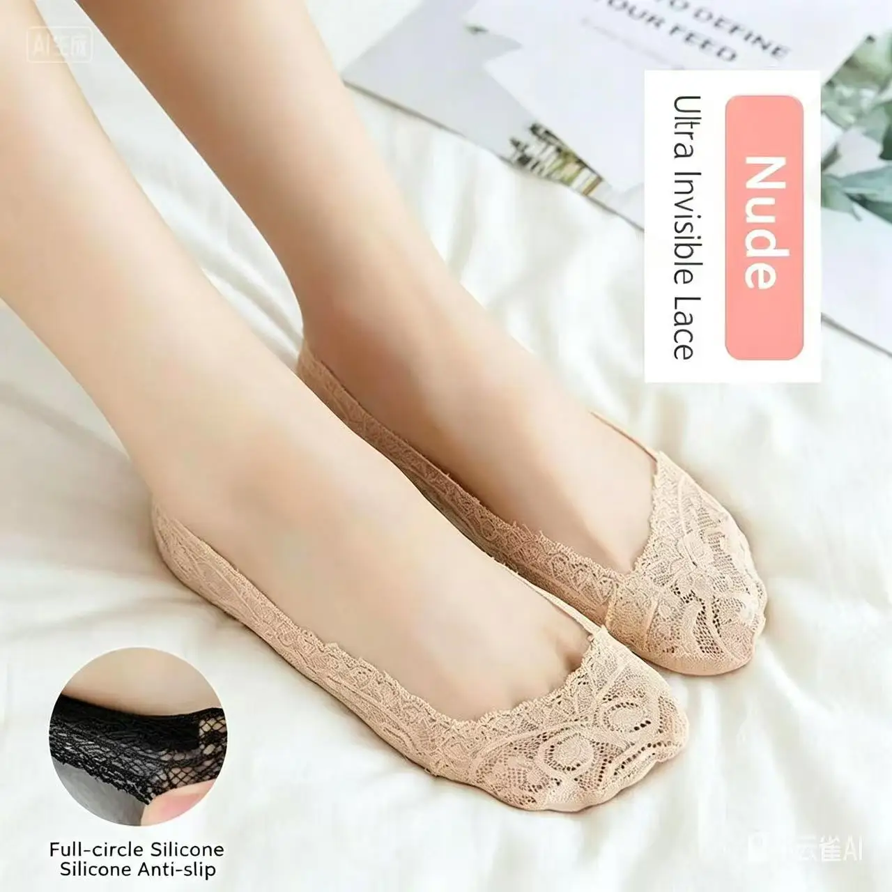 Women's Lace No Show Socks Polyester Invisible Boat Socks Silicone Anti Slip Heel Breathable Low Cut Lace Liner Socks 5 Pairs Nu