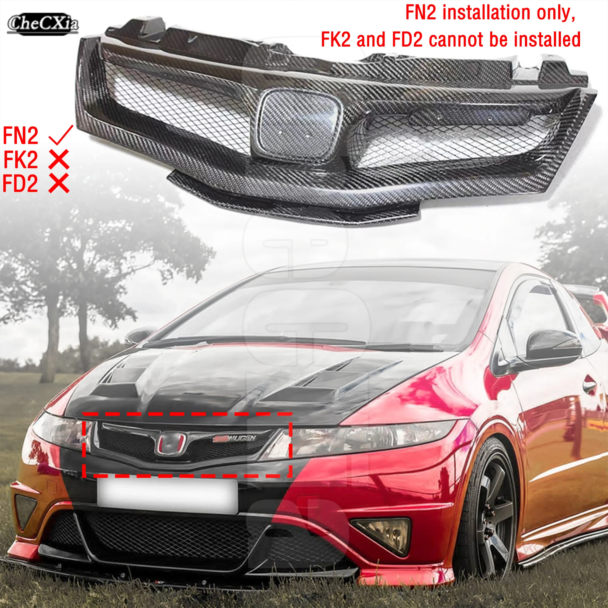 

Suitable For Honda Civic FN2 TYPE R 2006-2012 Fiberglass Shiny Black Front Grille Mu gen Style Car Grille