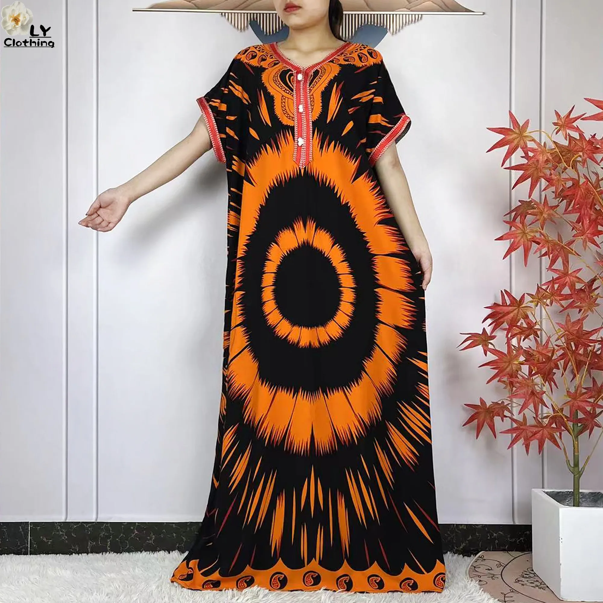 New 2024 Summer Party Dress Women Loose Cotton Short Sleeve Maxi Robe Femme Musulmane African Printing Floral Abaya Vestidos