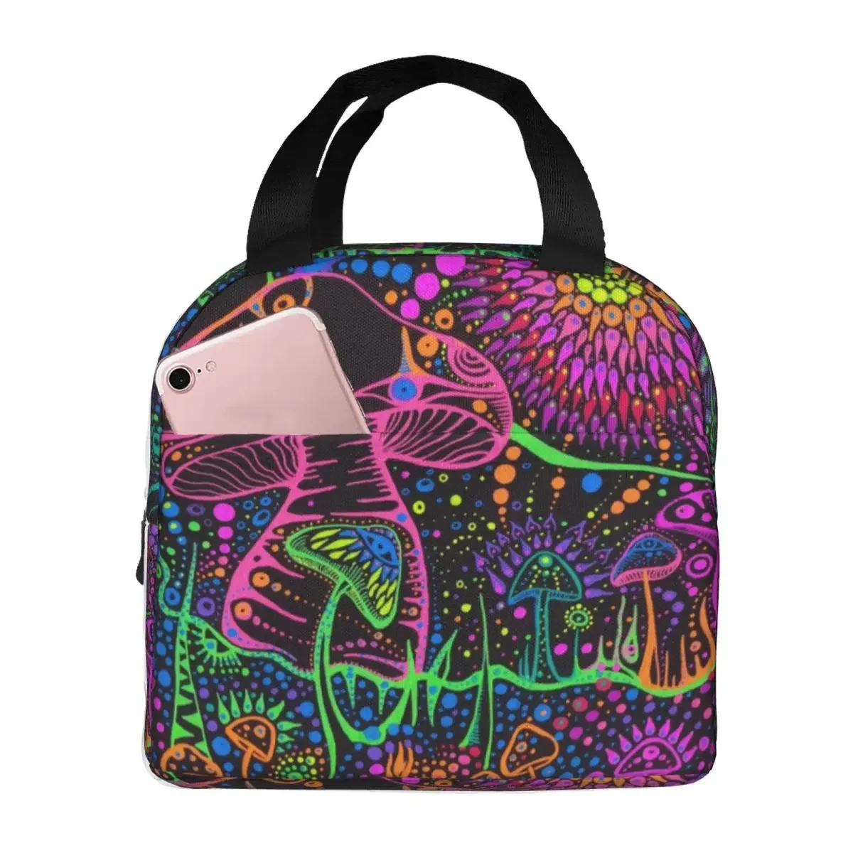 Magic Mushroom Trippy Psychedelic Neon Pastel Goth Insulated Lunch Tote Bag for Women Resuable Cooler Thermal Food Lunch Box