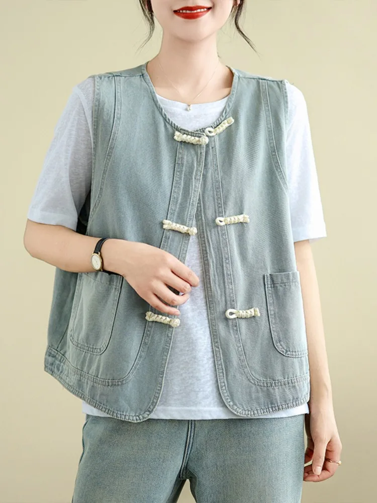 

Новый китайский джинсовый жилет на пуговицах в стиле ретро, женский летний повседневный утягивающий удобный жилет без рукавов, топ