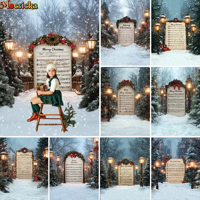 Merry Christmas Photography Backdrops Kids Adult Family Portrait Photo Backgrounds Winter Xmas Tree Sheet Music Decor Props