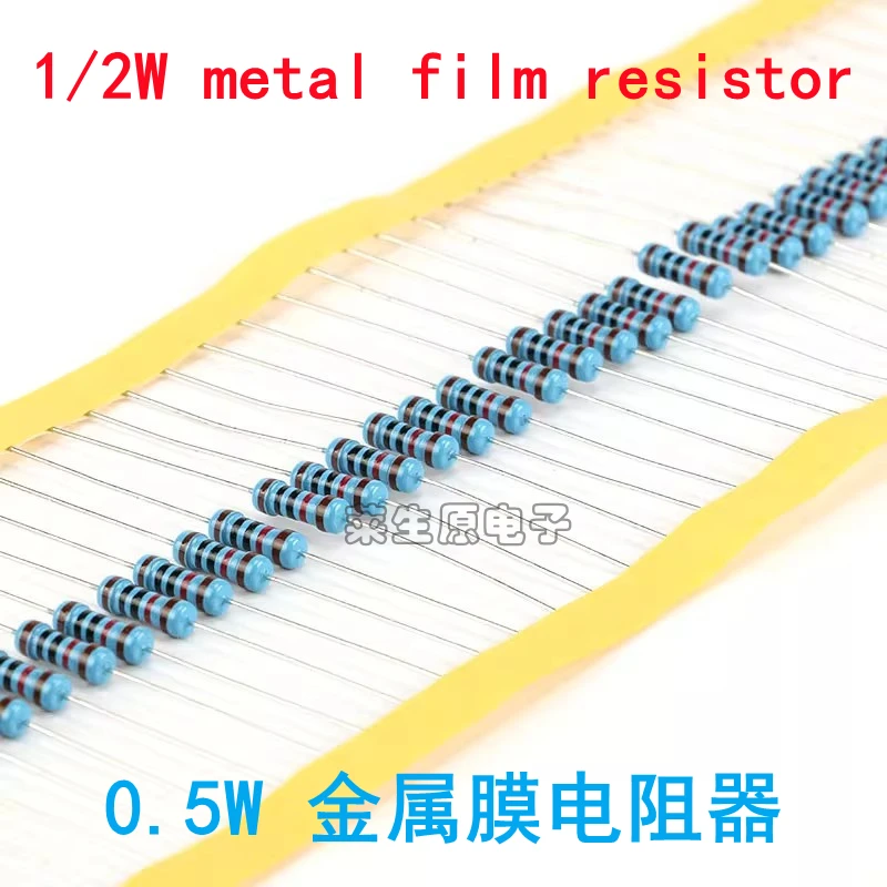 

100PCS 0.5W metal film resistor 1/2W 1 ohm 2R 10R 100 ohm 1K 10K 200K 510K 1M 1% five color ring resistor resistor element