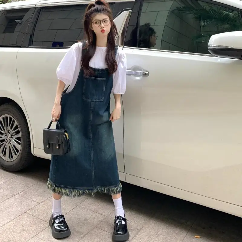 

Summer Women Playsuits Sweet Denim Tassel Back Strap Dress + Bubble Sleeve Shirt Suit Jumpsuits Straight Slim Commuter Overalls