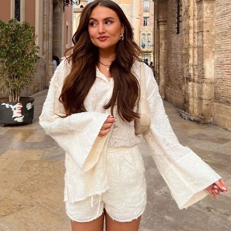 

Fashion Jacquard Casual Outfit Spring Women Single Breasted Lapel Shirt+High Waist Loose Lace Up Shorts Autumn Two Piece Set