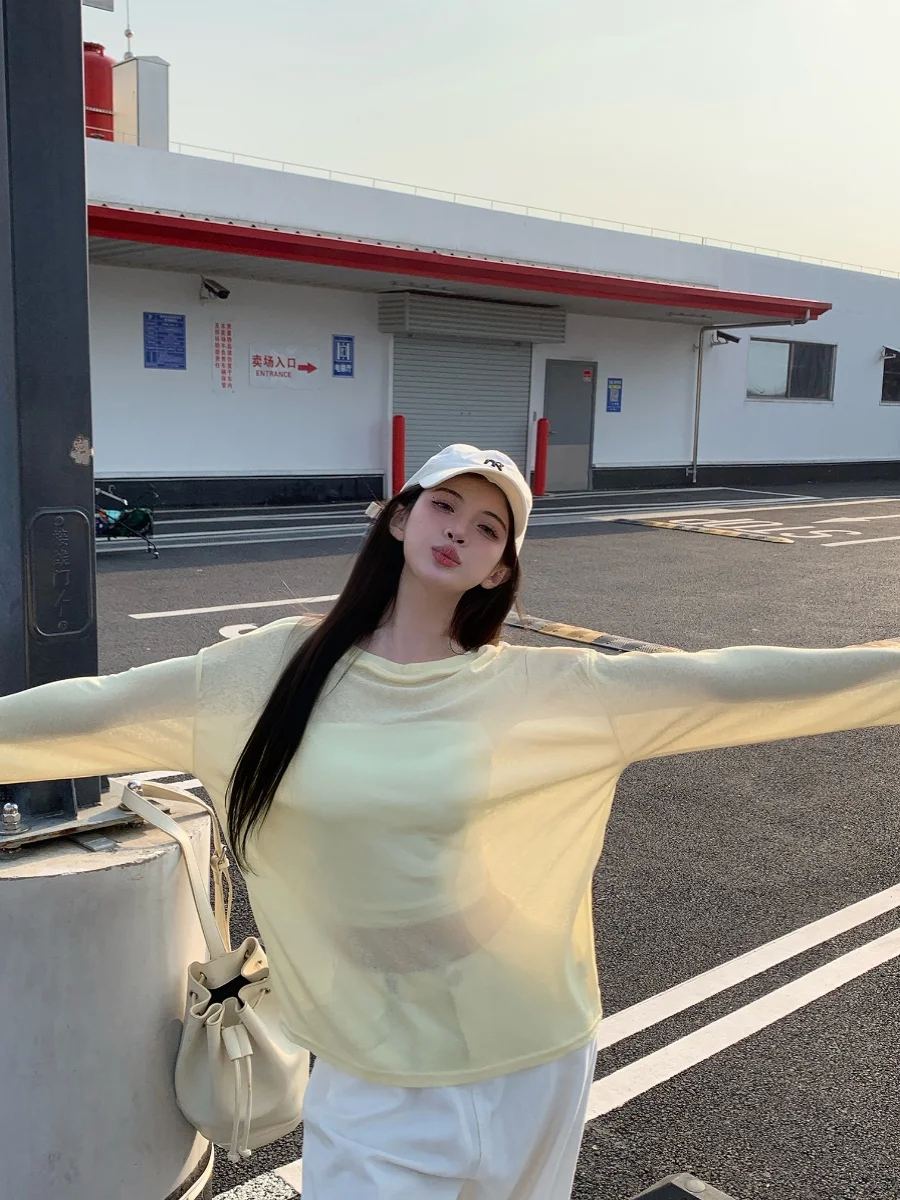 المرأة الصيف انظر من خلال الحرير الجليد طويلة الأكمام س الرقبة فضفاضة تي شيرت سيدة عادية بلون البلوز الشمس واقية محبوك تي شيرت