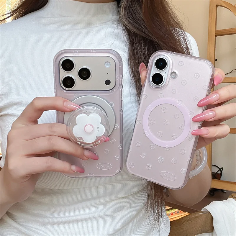 Kawaii Pink Floral For MagSafe Phone Case For iPhone 15 16 17 Pro Max With Flower Pop Socket Shockproof Cover iphone 17 pro max