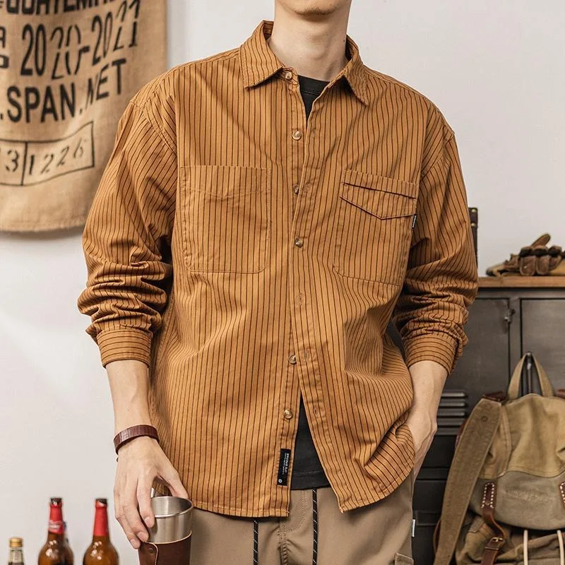 Осень и весна, новая модная тенденция, американская винтажная полосатая рубашка, мужская повседневная свободная спортивная рубашка больших размеров с длинным рукавом M-3XL